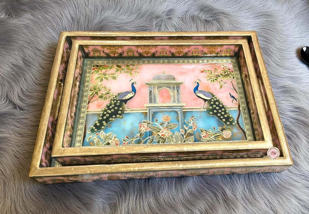 wooden peacock design Set includes resin finish trays, cutlery holder & tissue holder full combo for home/ office/gift item